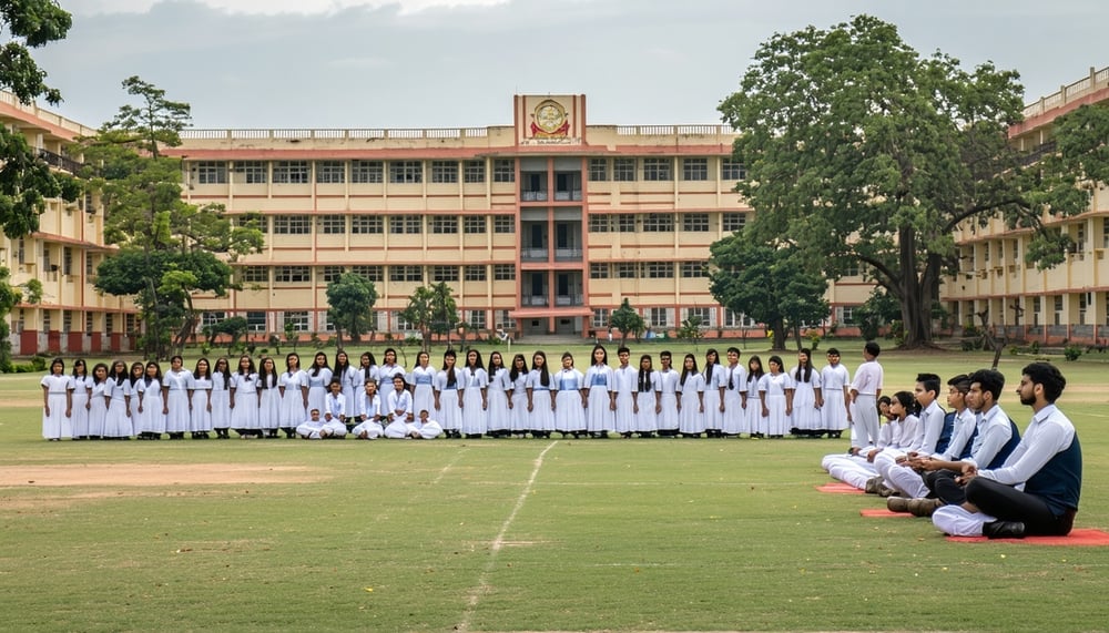 Indian boarding school campus with students Indian boarding school campus with students